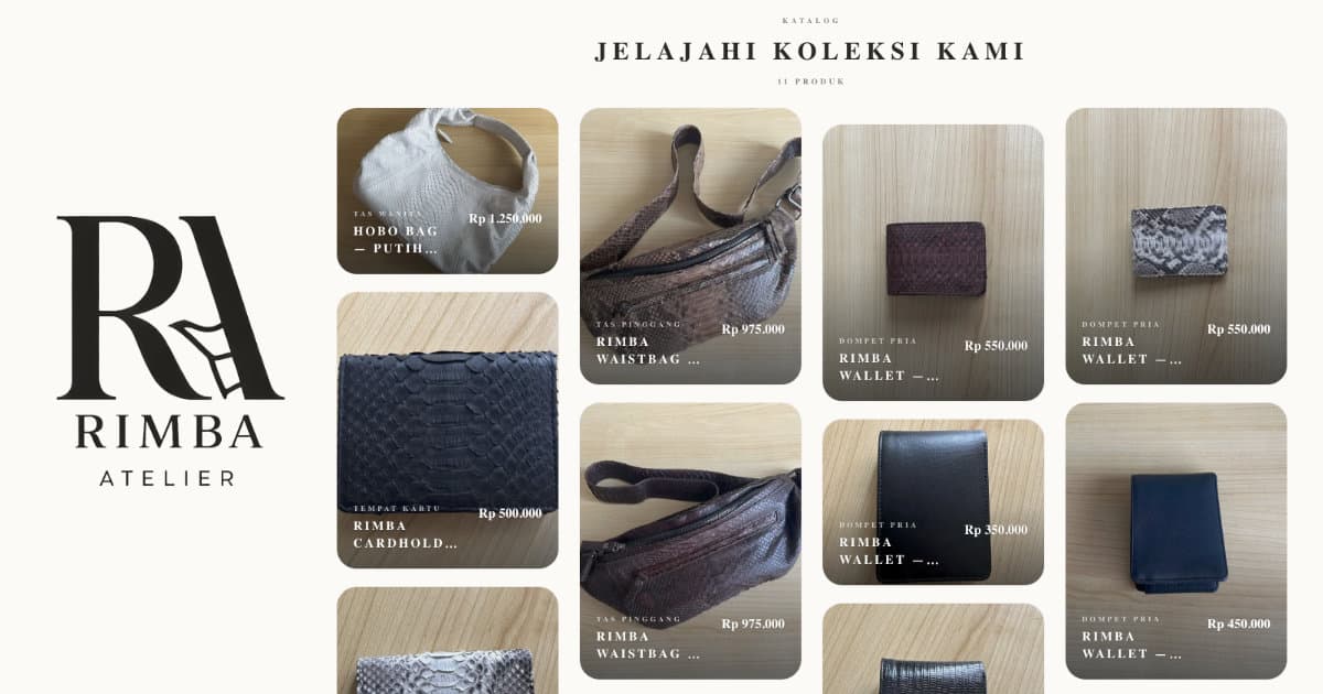 Rimba Atelier's storefront: the headline “Objects with their own pattern” beside a handmade python-leather waist bag.